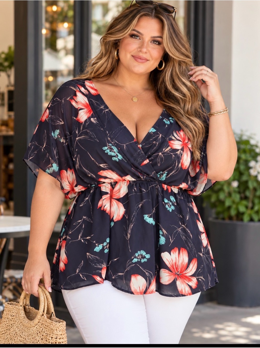 Torrid Plus Size Navy Floral Surplice V-Neck Tie Back Blouse. Size 0